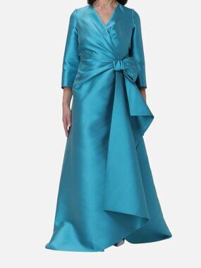 Alberta Ferretti Women's Blue Satin Wrap Bow Gown Dress Size 42